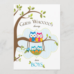 Twin Baby Boys Shower Invitation - Owl Family