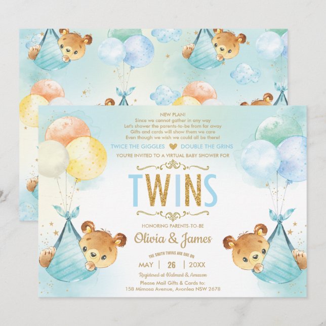 Twin Baby Boys Teddy Bears Baby Shower by Mail Invitation (Front/Back)