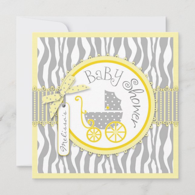 TWIN Baby Carriage, Zebra Print Yellow Baby Shower Invitation (Front)