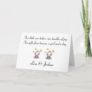 twin baby congratulations card, girl & boy twins,  card
