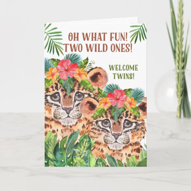 Twin Baby Congratulations Cheetah Jungle Theme Card (Front)