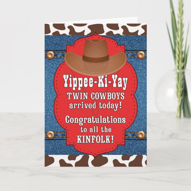TWIN Baby Cowboys Western Themed Congratulations Card (Front)