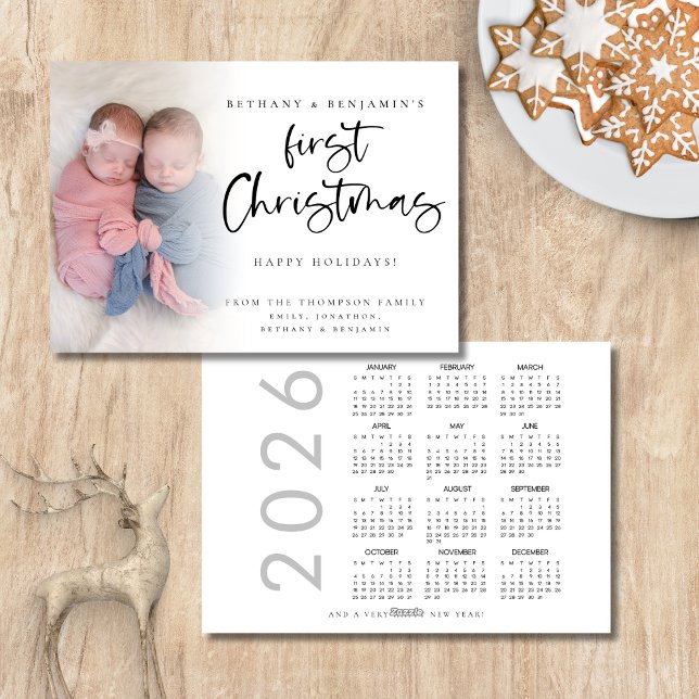 Twin Baby First Christmas Photo 2024 Calendar Holiday Card (Front and back view)