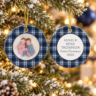 Twin Baby First Christmas Photo Navy Blue Plaid Ceramic Tree Decoration