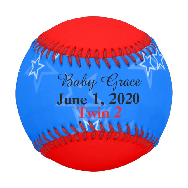 Twin Baby Girl Birth Stats Red White Blue Baseball (Front)