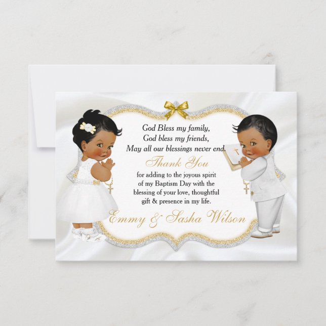 Twin Baby Girl Boy Baptism Gold Cross Thank You Card (Front)