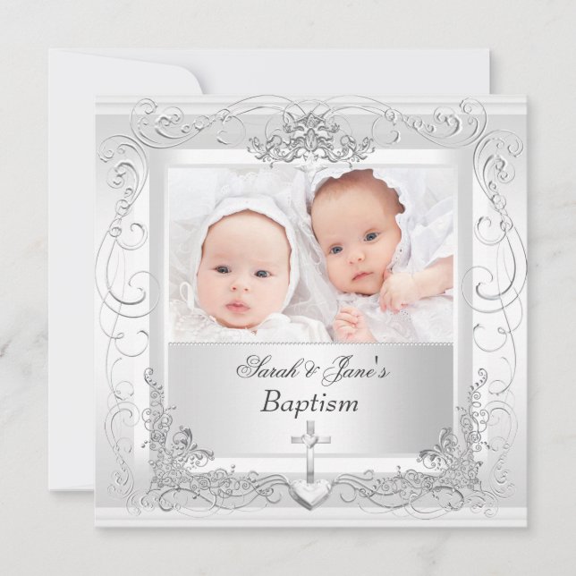 Twin Baby Girl Boy Christening Baptism White 2 Announcement (Front)