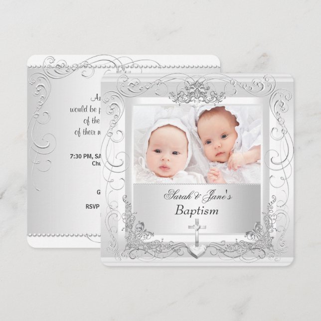 Twin Baby Girl Boy Christening Baptism White 2a Invitation (Front/Back)