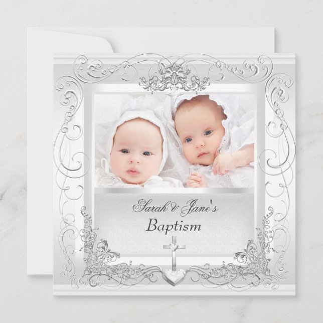 Twin Baby Girl Boy Christening Baptism White Announcement (Front)