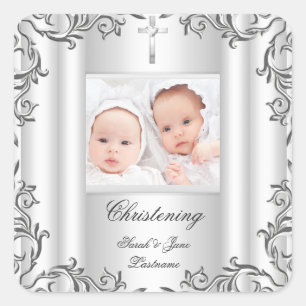 Twin Baby Girl Boy Christening Baptism White Square Sticker