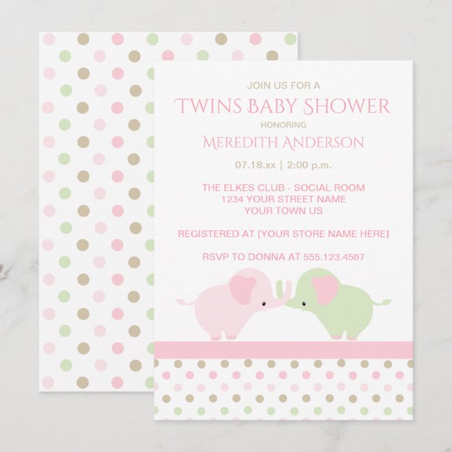 Twin Baby Girl Elephants Baby Shower Invitations (Front/Back)