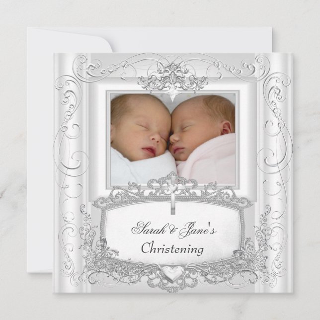 Twin Baby Girl or Boy Christening Baptism White Announcement (Front)