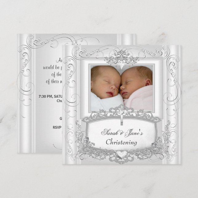 Twin Baby Girl or Boy Christening Baptism White Invitation (Front/Back)