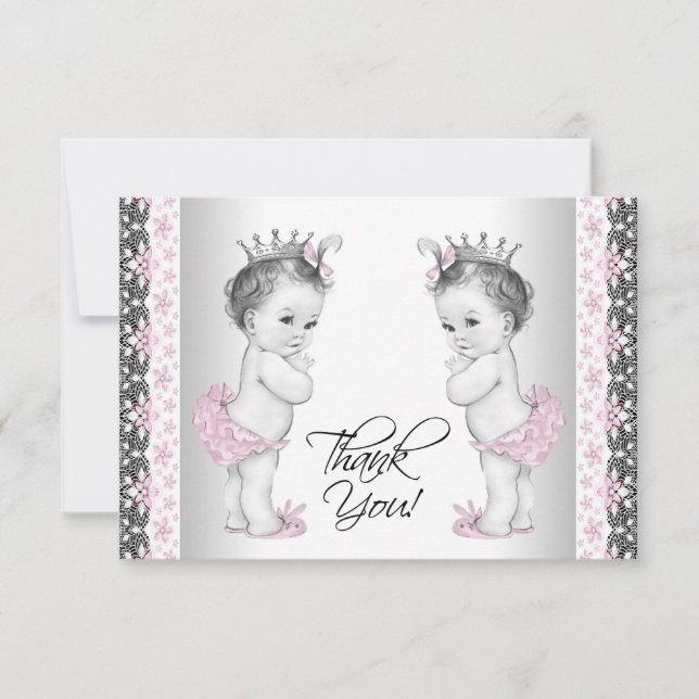 Twin Baby Girl Princess Shower Thank You Cards (Front)