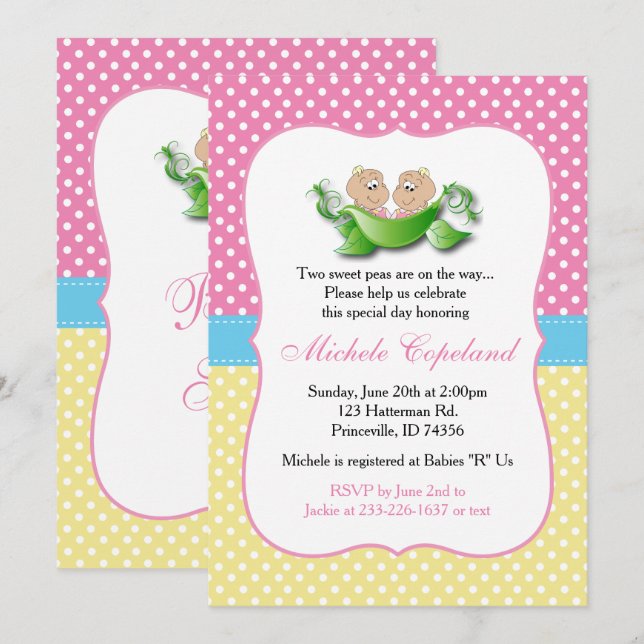 Twin Baby Girl Shower - Two Peas In A Pod Invitation (Front/Back)