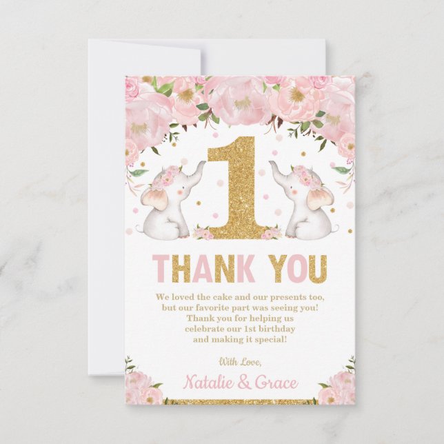 Twin Baby Girls 1st Birthday Pink Floral Elephant Thank You Card (Front)