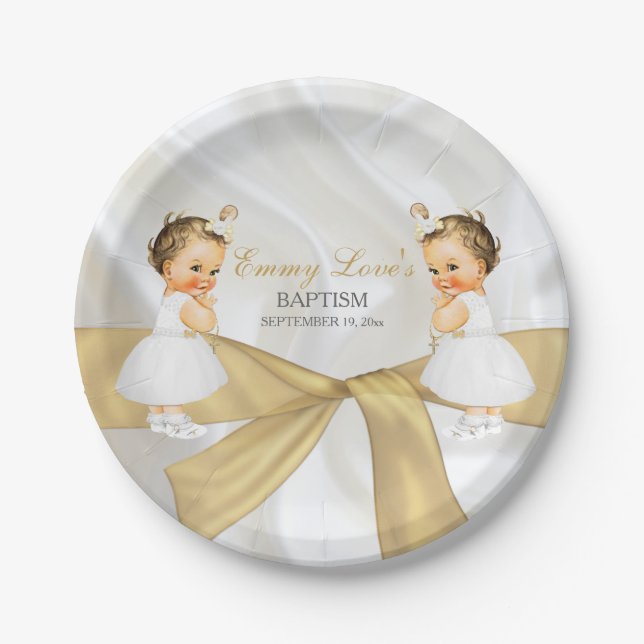Twin Baby Girls Baptism Christening Gold White Paper Plate (Front)