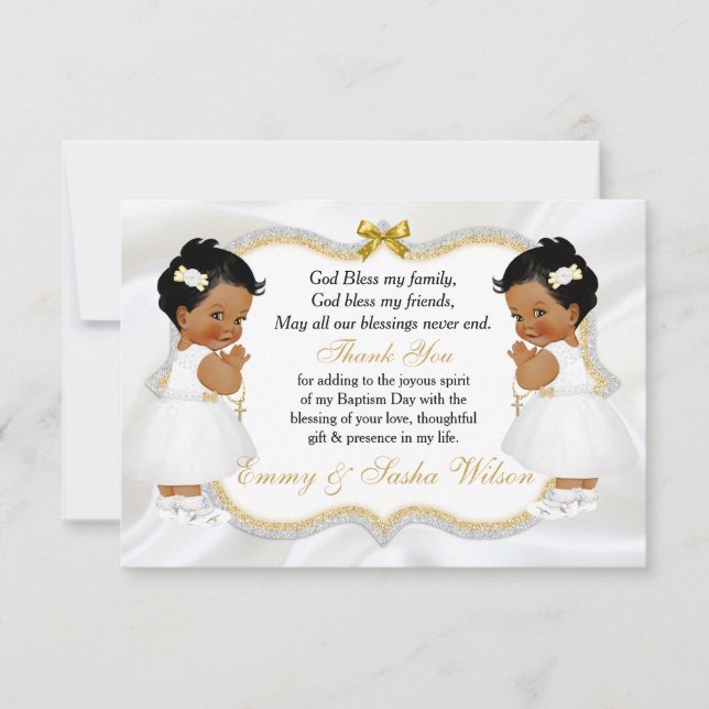 Twin Baby Girls Baptism Gold Cross Thank You Card (Front)