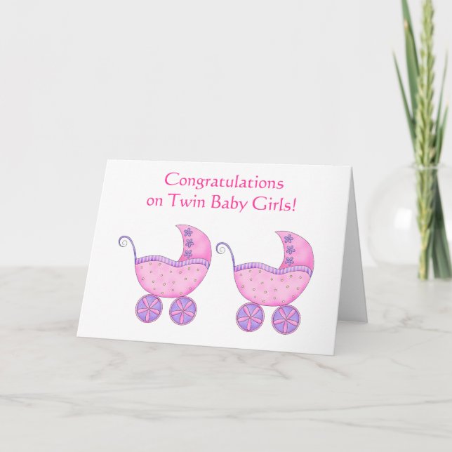 Twin Baby Girls Congratulations Pink Buggy Card (Front)