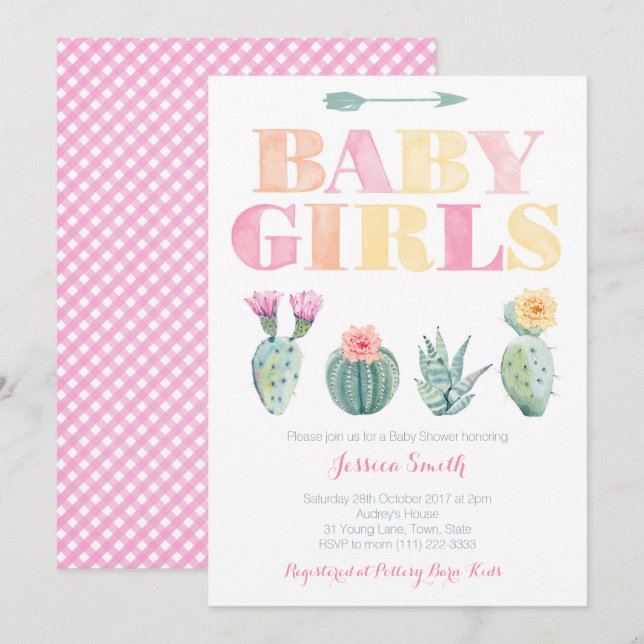 Twin Baby Girls Desert Cactus Baby Shower Invitation (Front/Back)
