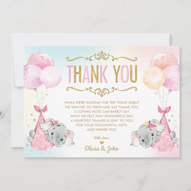 Twin Baby Girls Elephant Baby Shower Sprinkle Thank You Card (Front)
