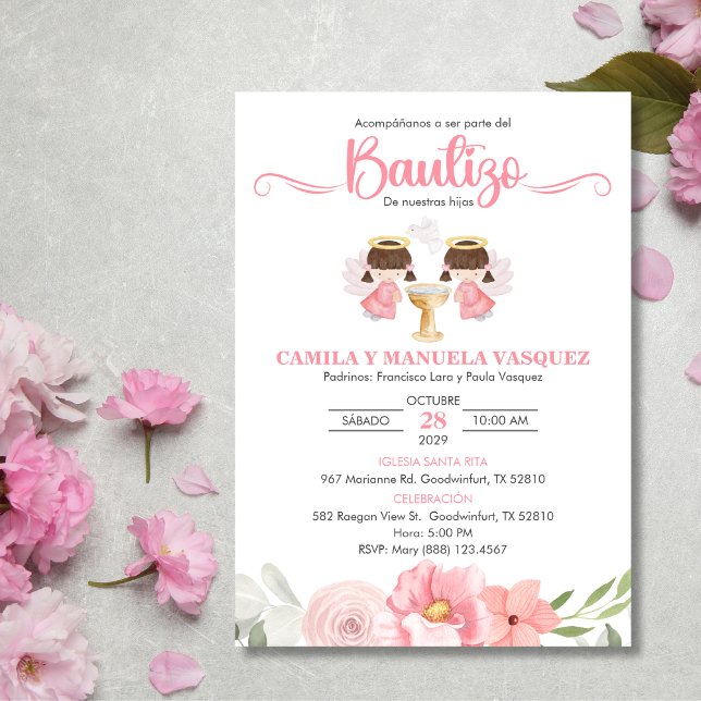 Twin Baby Girls Invitacion Bautizo Flowers Baptism Invitation (Creator Uploaded)