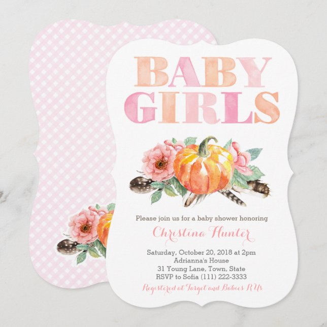 Twin Baby Girls Pumpkin Free Spirit Baby Shower Invitation (Front/Back)