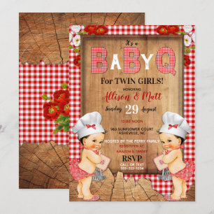 Twin Baby Girls Red Gingham Wood Baby Q Barbecue Invitation