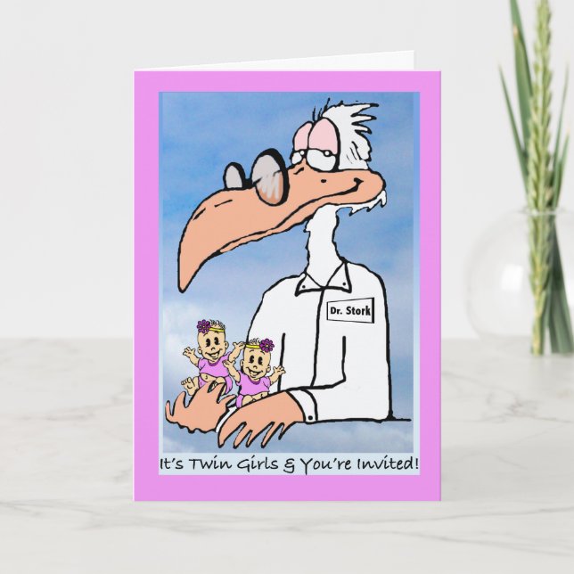 Twin Baby Girls Shower Invitation, Dr. Stork Invitation (Front)