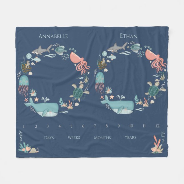 Twin Baby Milestone Blue Under the Sea Animals Fleece Blanket (Front (Horizontal))