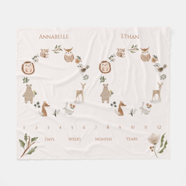 Twin Baby Milestone Boho Woodland Animals Fleece Blanket (Front (Horizontal))