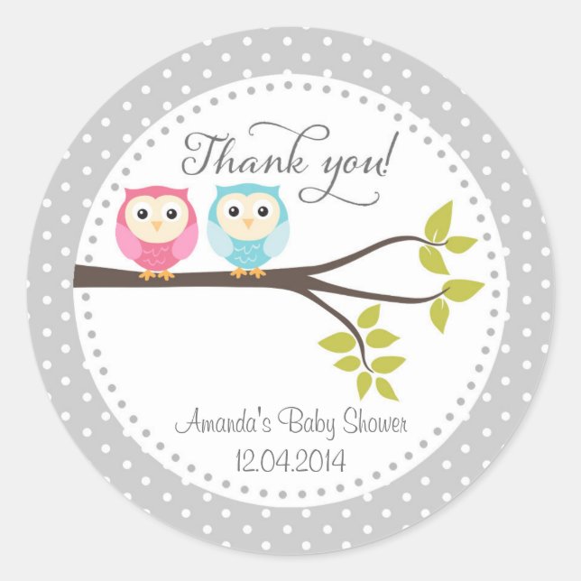 Twin Baby Owls Baby Shower Sticker (Front)