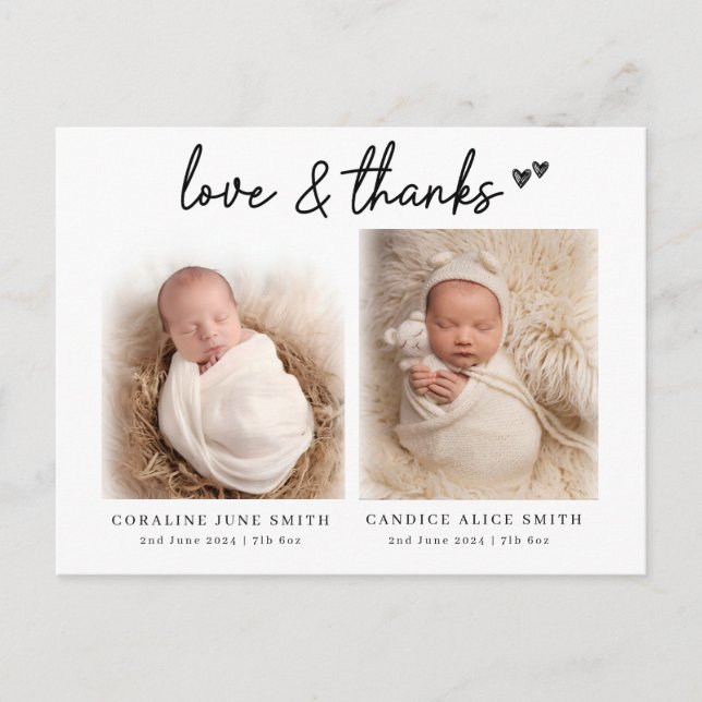 Twin baby photo birth announcements love & thanks postcard (Front)