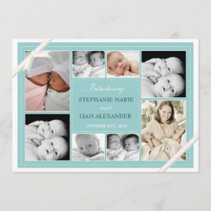 Twin Baby Photo Collage Baby Announcement   Teal