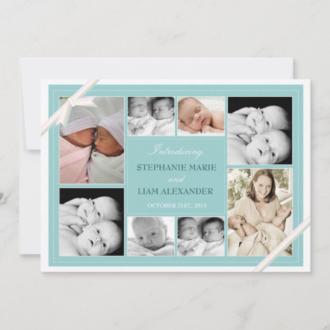 Twin Baby Photo Collage Baby Announcement | Teal (Front)