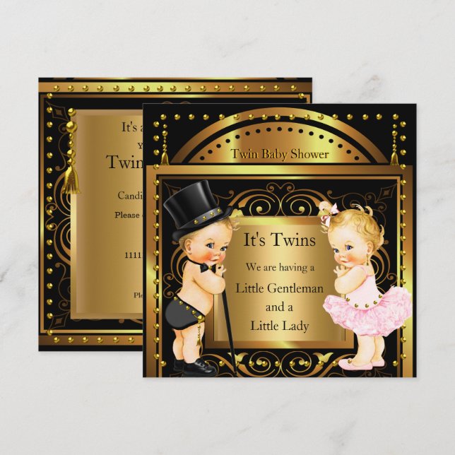 Twin Baby Shower Boy and Girl Gold Blonde Invitation (Front/Back)