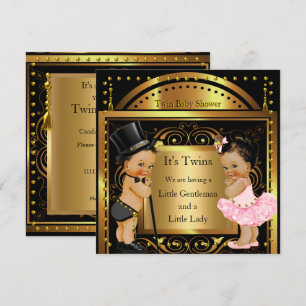 Twin Baby Shower Boy and Girl Gold Brunette Invitation
