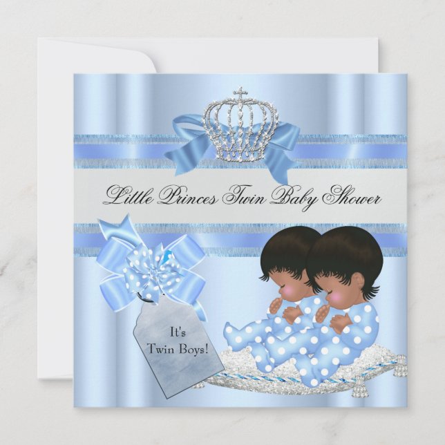 Twin Baby Shower Boys Blue Little Prince Crown 3 Invitation (Front)