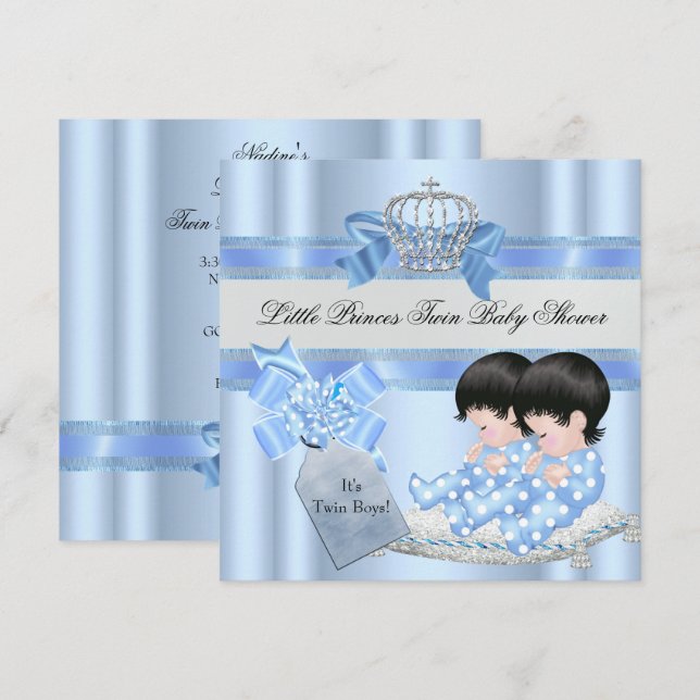 Twin Baby Shower Boys Blue Little Prince Crown 3C Invitation (Front/Back)