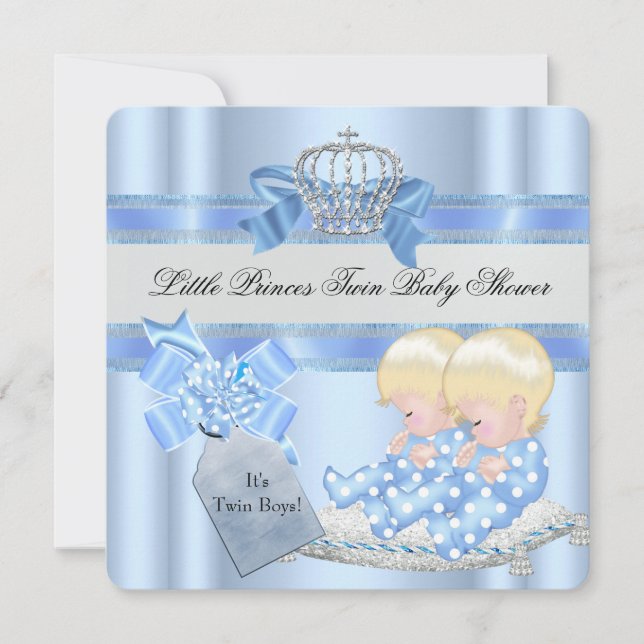 Twin Baby Shower Boys Blue Little Prince Crown 3D Invitation (Front)