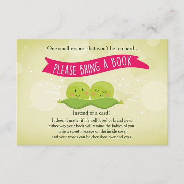 Twin Baby shower Bring a book Two Peas in a pod Enclosure Card (Front)
