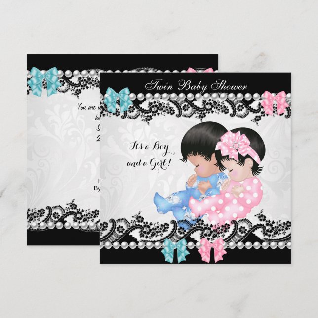 Twin Baby Shower Cute Girl Pink Boy Blue Invitation (Front/Back)
