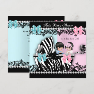 Twin Baby Shower Cute Girl Pink Boy Blue Zebra 2 Invitation