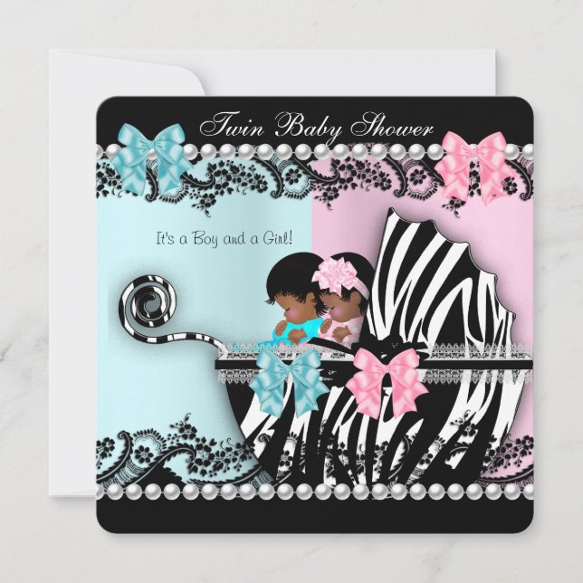 Twin Baby Shower Cute Girl Pink Boy Blue Zebra 4 Invitation (Front)