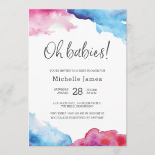 Twin Baby Shower Invitation   Blue and pink