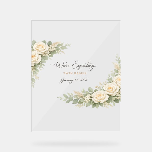Twin Baby Shower Invitation Botanical Greenery Flo Acrylic Sign (Front)
