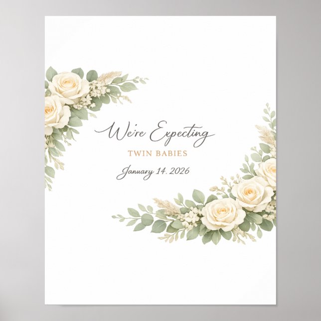 Twin Baby Shower Invitation Botanical Greenery Flo Poster (Front)