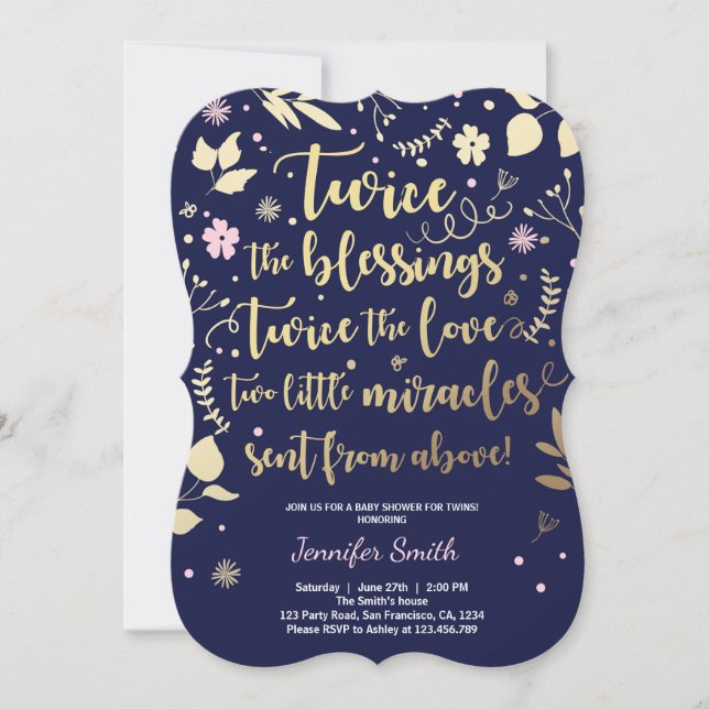 Twin Baby Shower Invitation Gold Pink Navy Girl (Front)
