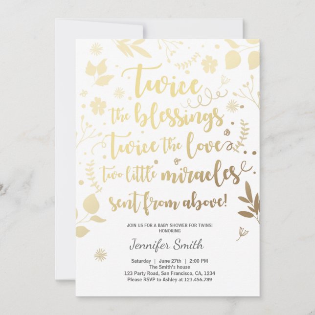 Twin Baby Shower Invitation Gold white Blessings (Front)