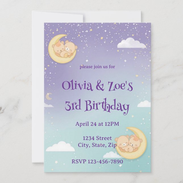 Twin Baby Shower Invitation Sleeping Animals Moon (Front)